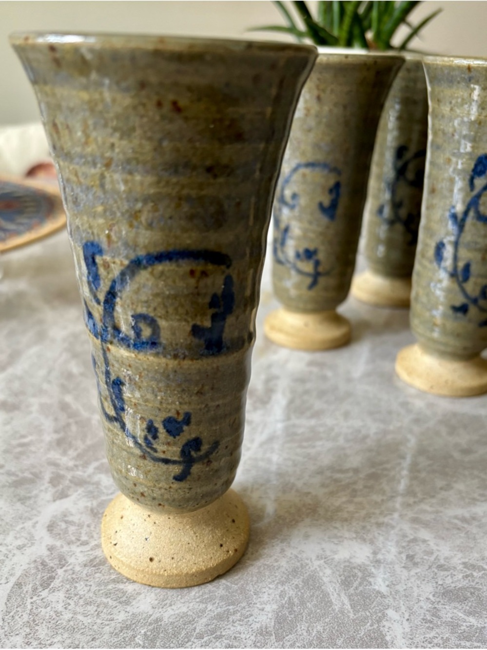 Studio Art Pottery handcrafted Goblets with Blue Floral Motif - Set of 8 - Picture 2 of 9